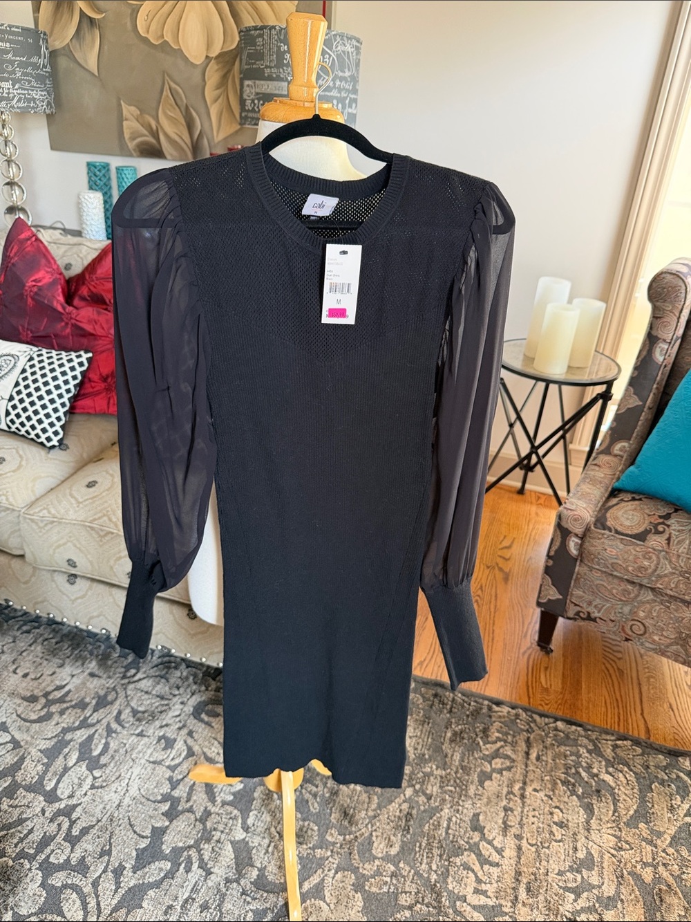 CAbi Black Duet Knit Dress with Sheer Texture